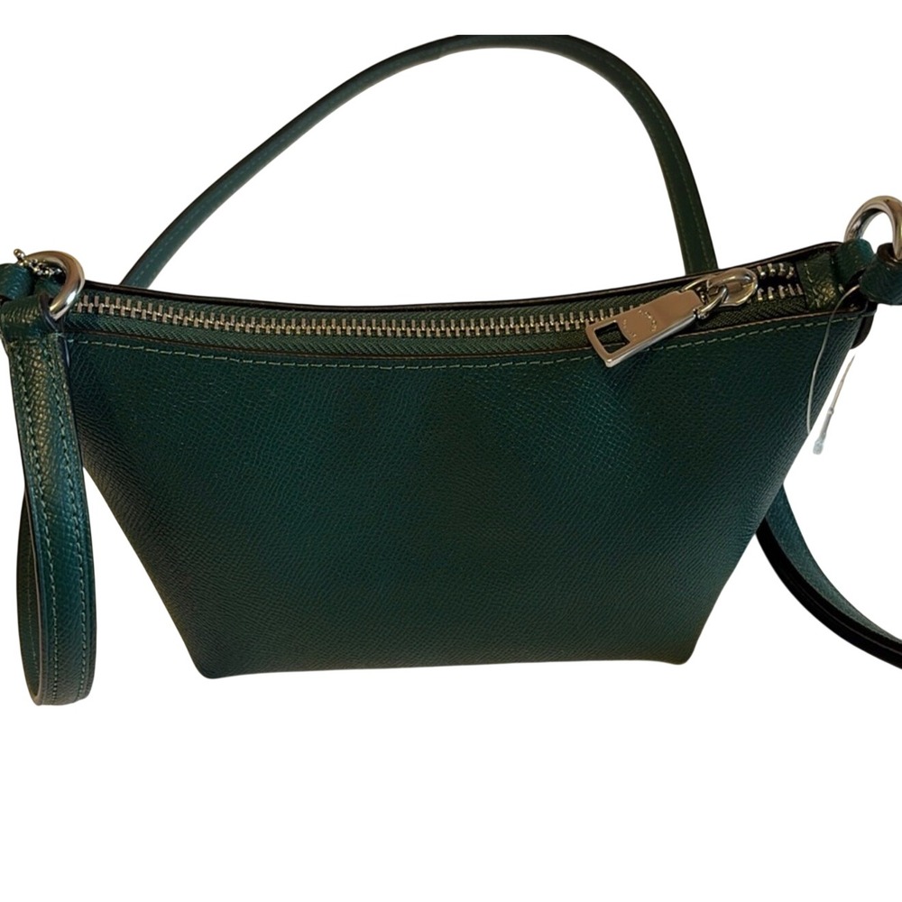 Coach Forest Green Crossgrain Leather Zip Shoulder Bag CW336 Silver Hardware - Picture 3 of 11